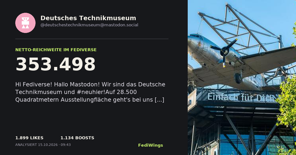 FediWings Card von @deutschestechnikmuseum@mastodon.social mit 353498 Netto-Reichweite