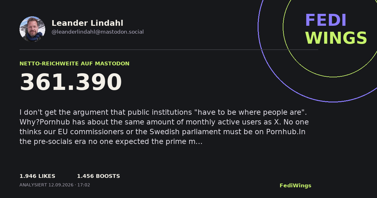 FediWings Card von @leanderlindahl@mastodon.social mit 361390 Netto-Reichweite