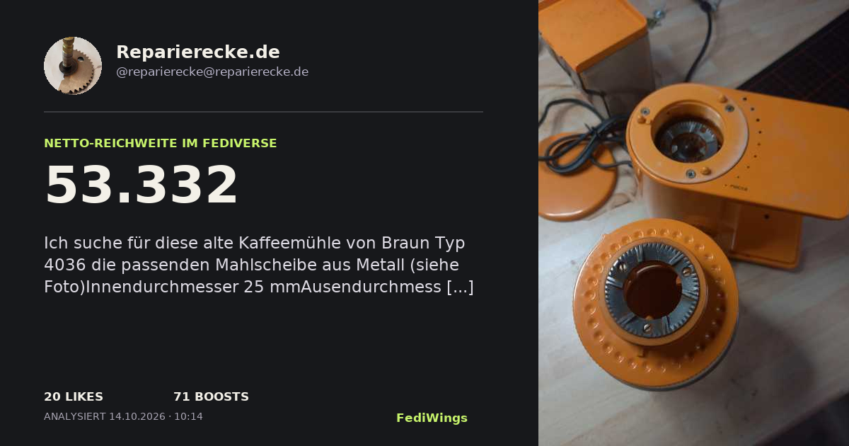 FediWings Card von @reparierecke@reparierecke.de mit 53332 Netto-Reichweite