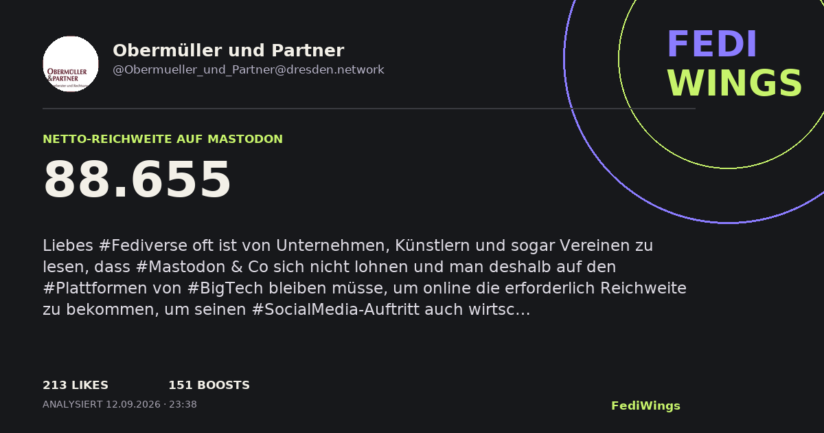 FediWings Card von @Obermueller_und_Partner@dresden.network mit 88655 Netto-Reichweite