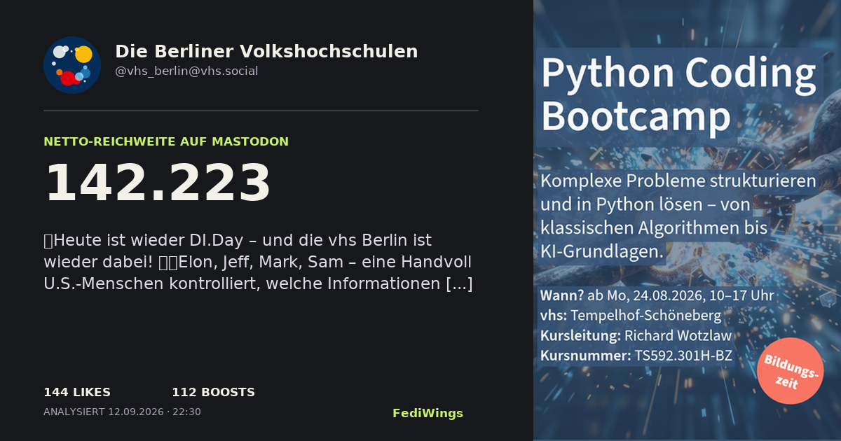 FediWings Card von @vhs_berlin@vhs.social mit 142223 Netto-Reichweite